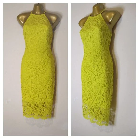 Guess lime yellow Lace Sleeveless Midi Length Dress US 8 (would also fit a  6).